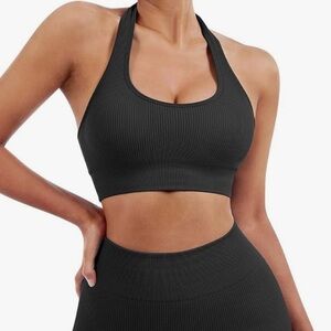 SUUKSESS Seamless Ribbed Halter Sports Bra in Seafoam Green - Size S